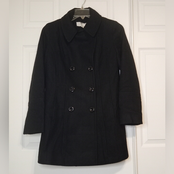 Anne Klein Wool Blend Double Breasted Pea Coat Black Warm Winter Jacket Sz M - Picture 2 of 11